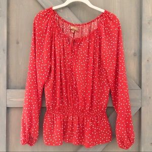 Ellen Tracy Long Sleeve Peplum Red & White Dot Blouse Top